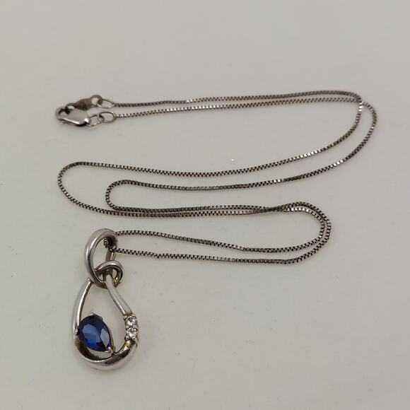 Blue Sapphire & Diamond Teardrop Knot Pendant Necklace Sterling 18" Chain 925 - Picture 4 of 10